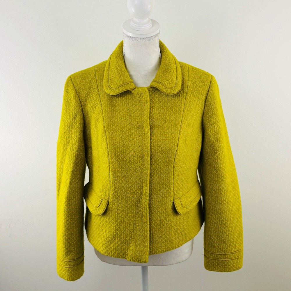 Boden Womens Chartreuse Yellow Wool Blend Boucle Weave Jacket Blazer Size 8P